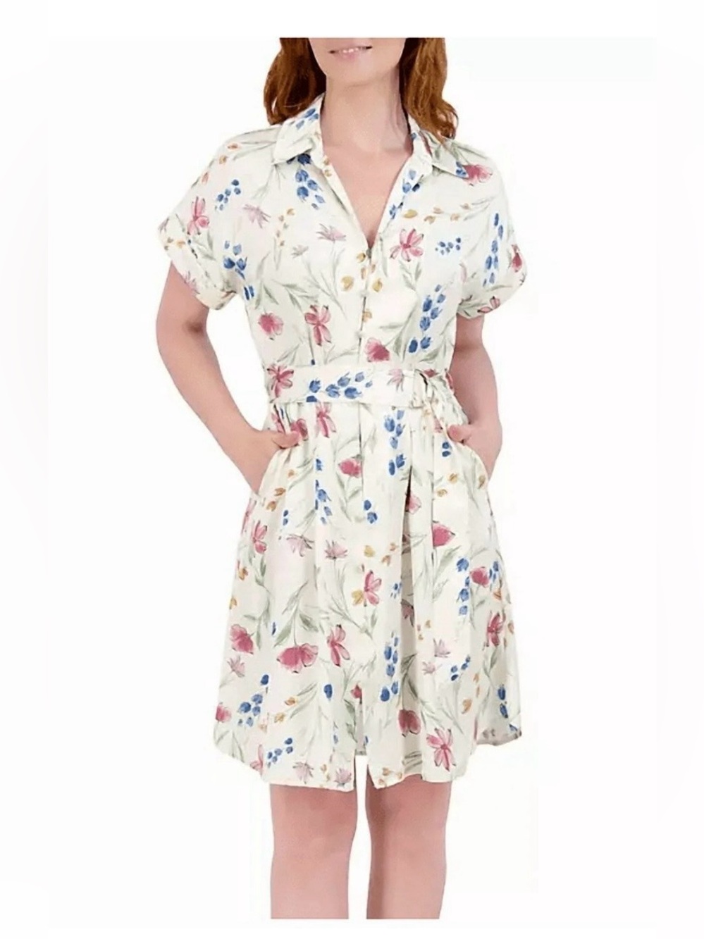 French Connection Women's Short Shirt Cream Floral Buckle Belt Dress Size M NWT - Picture 11 of 11